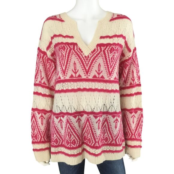 Sundance Brixen Fair Isle V-Neck Sweater Size M Wool Blend Pointelle Pink White - Picture 2 of 16